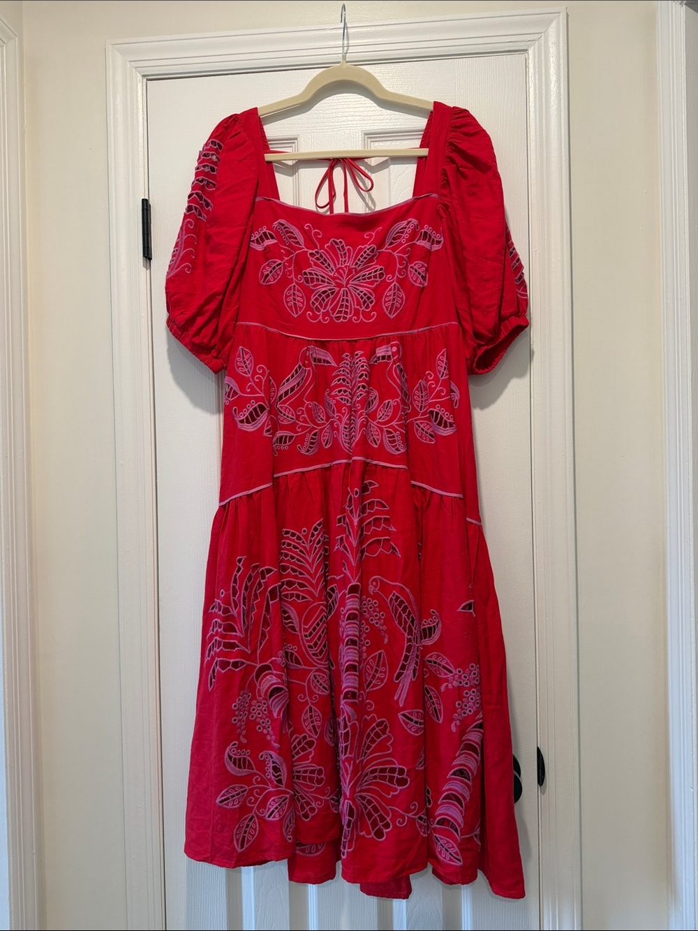 FARM Rio Red Embroidered Puff-Sleeve Midi Dress